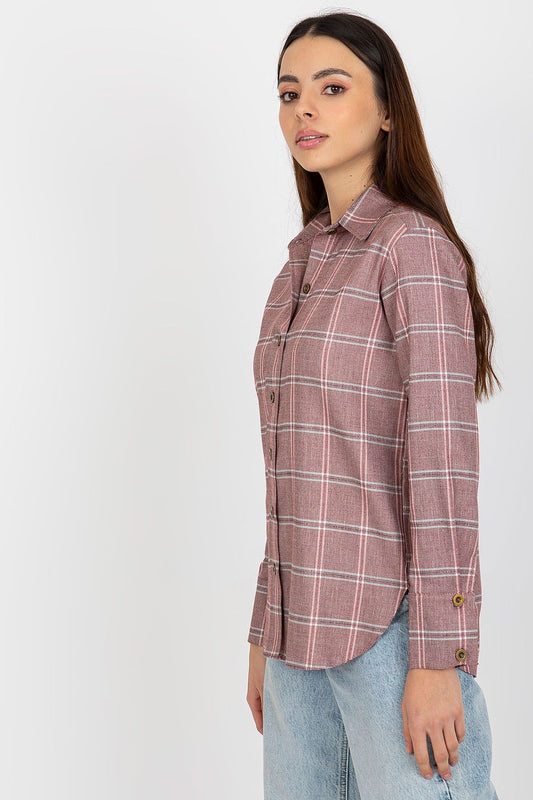 Close-up of the Luxurious Dark Pink Plaid Long Sleeve Shirt for Women by Lakerta, highlighting the soft cotton blend and intricate details.