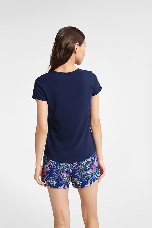 Elegant Bluebird Women's Cotton Pyjamas Set showcasing a chic V-Neck T-Shirt and vibrant floral patterned shorts for a fashionable nightwear experience.