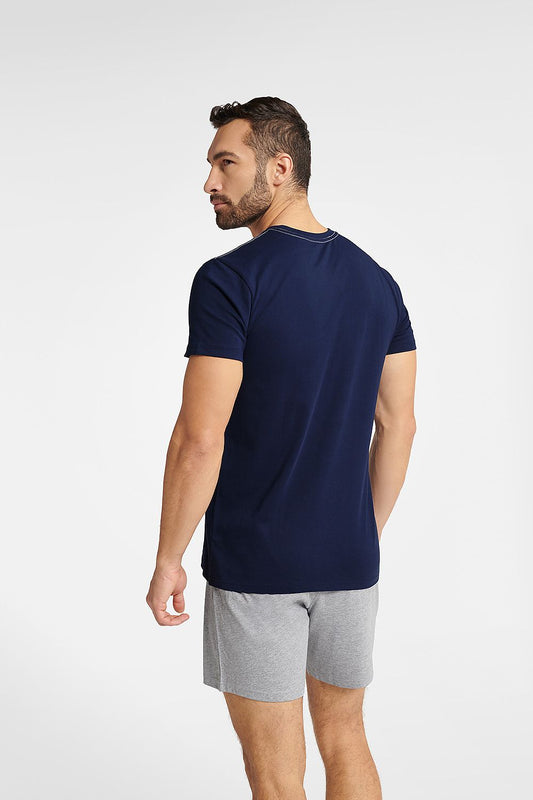 Elegant Henderson Men's Short Sleeve Cotton Pajamas Set showcasing a contemporary graphic design on breathable fabric with complementary grey melange shorts.