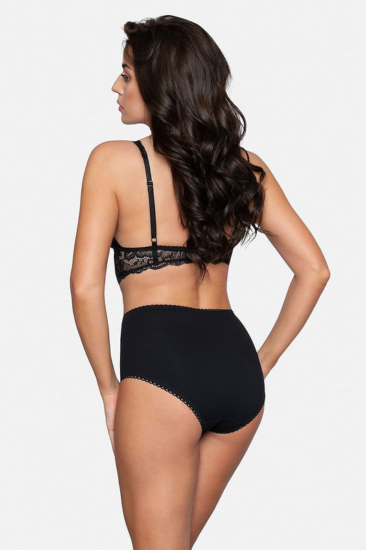 Back view of luxury high-waisted cotton lace panties by Babell, demonstrating a perfect embrace and comfortable fit.