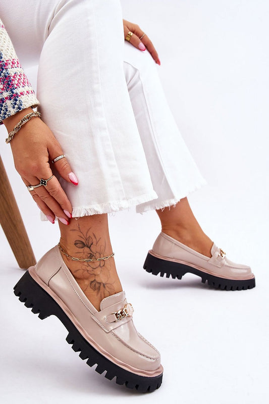 Luxurious Eco Leather Moccasin Shoes adorned with a decorative chain, elegantly paired with a white ensemble, by Step in Style.