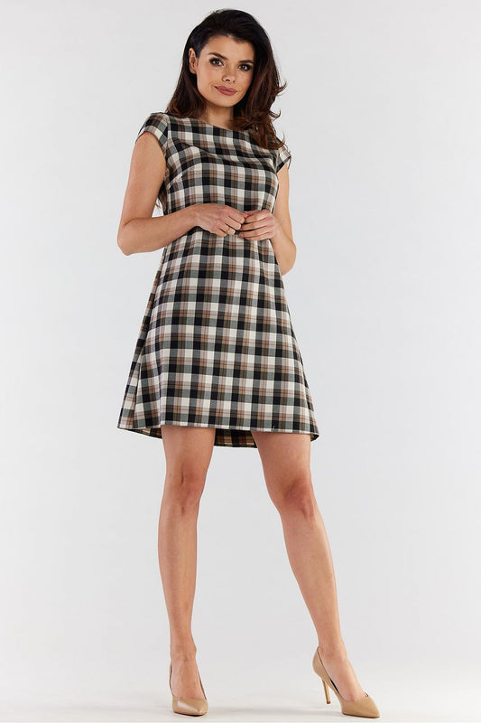 Elegant checkered mini dress with short sleeves, designed by Awama, featuring a loose trapezoidal cut that flatters various body shapes.
