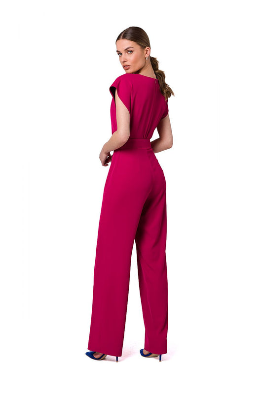 Stylove elegant pink jumpsuit showcased from the back, highlighting its fashionable silhouette and belt, ideal for sophisticated occasions.