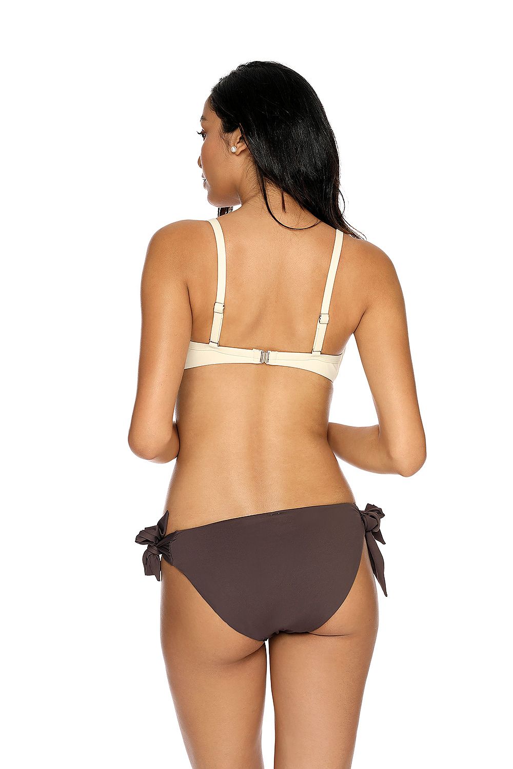 Sophisticated view of the back of the Etna bikini swimsuit, highlighting adjustable straps and graceful bow-tied bottoms, designed for a chic and refined beachwear experience.