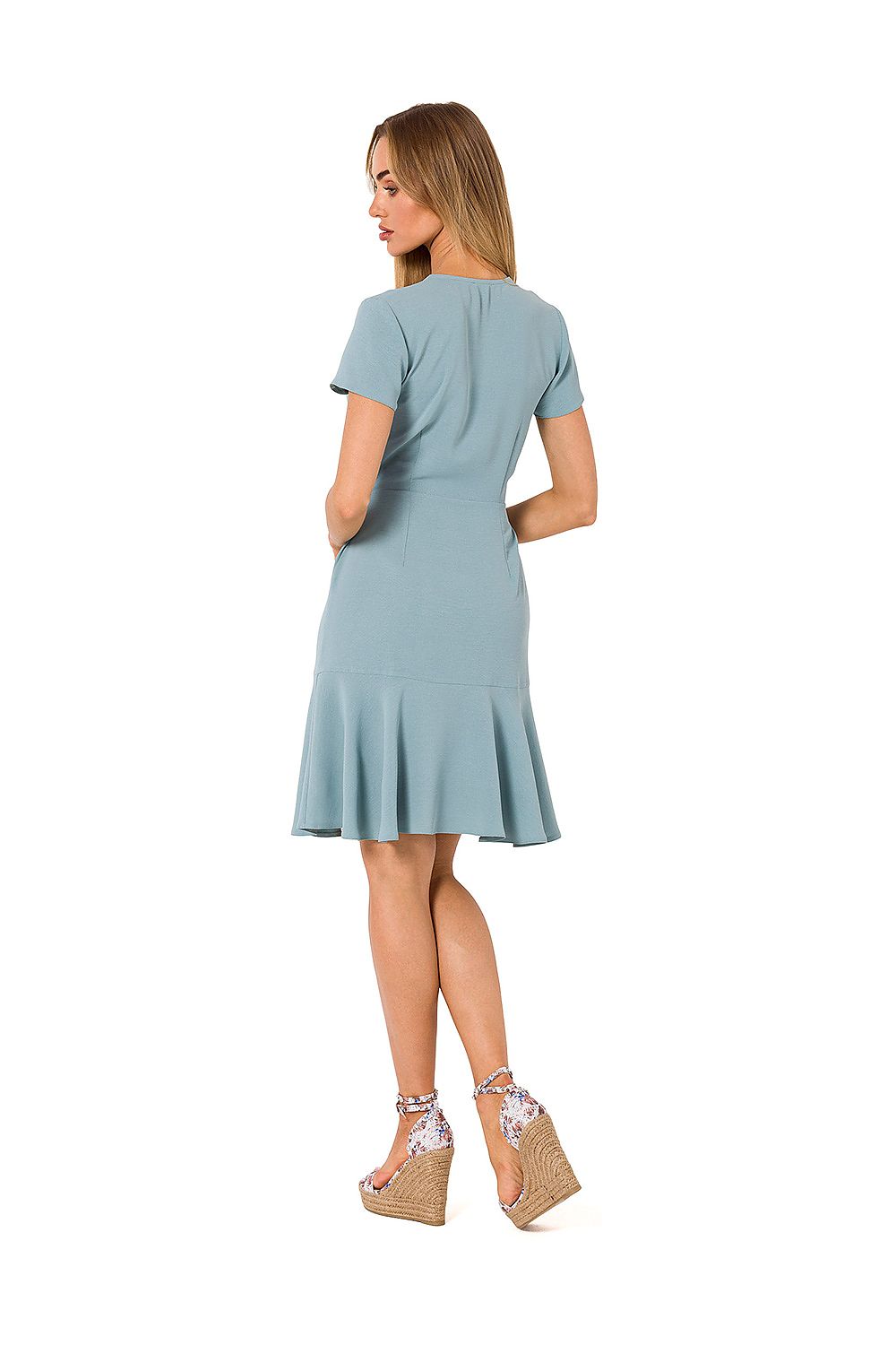 Sophisticated Moe Airy Overlap Day Dress in soft blue, featuring a flattering back view that highlights its elegant silhouette and short sleeve design, ideal for warm weather.