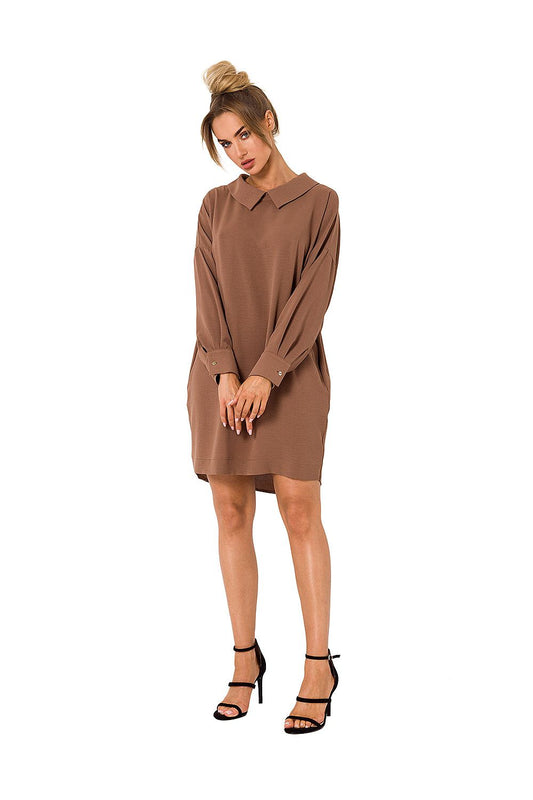 Elegant brown luxury Moe daydress featuring a collar and long sleeves, perfect for upscale occasions.