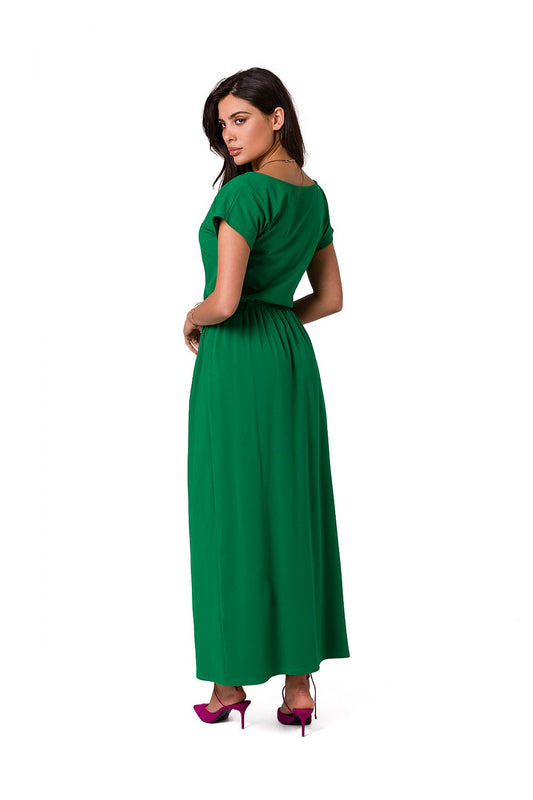 BeWear luxury cotton maxi dress in vibrant green, featuring an asymmetrical neckline and elegant elastic waistband, showcased from the back.
