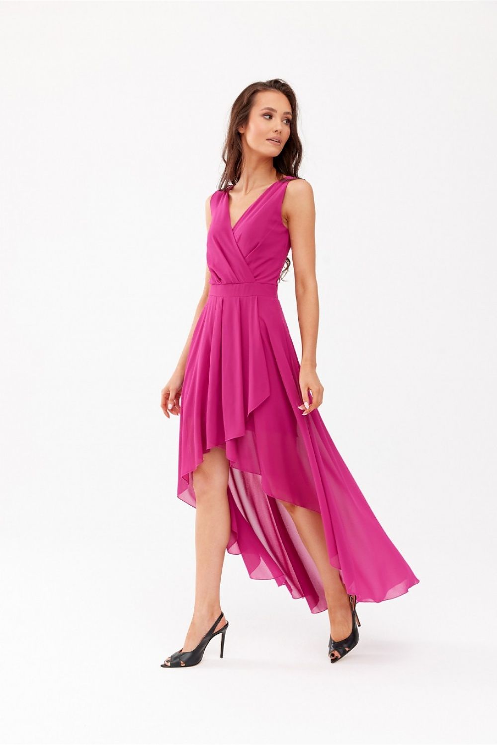 Elegant pink asymmetrical evening dress with envelope neckline from Roco Fashion, designed in lightweight chiffon, ideal for formal occasions.