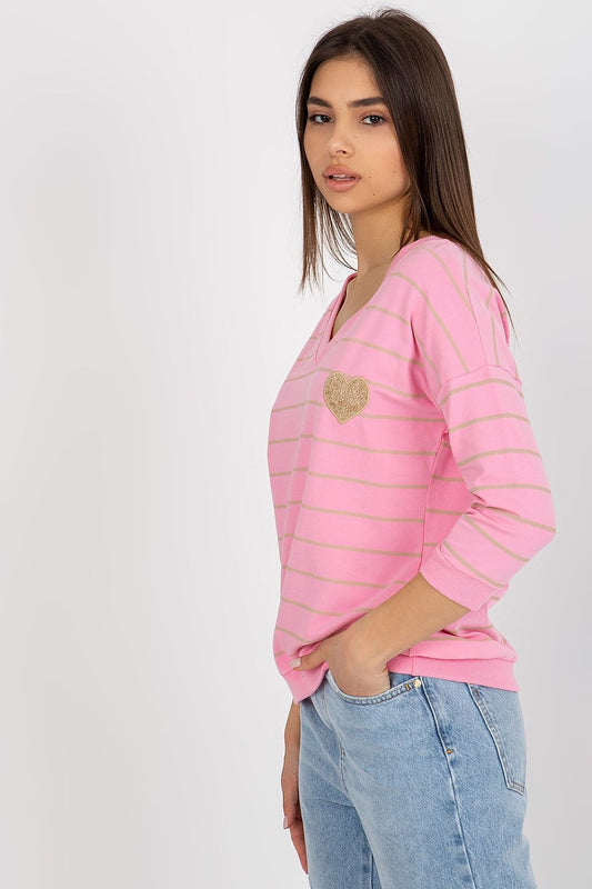 Elegant BFG cotton blend blouse in pink with subtle stripes, featuring 3/4 sleeves and a decorative heart patch, perfectly styled for a sophisticated yet casual look.