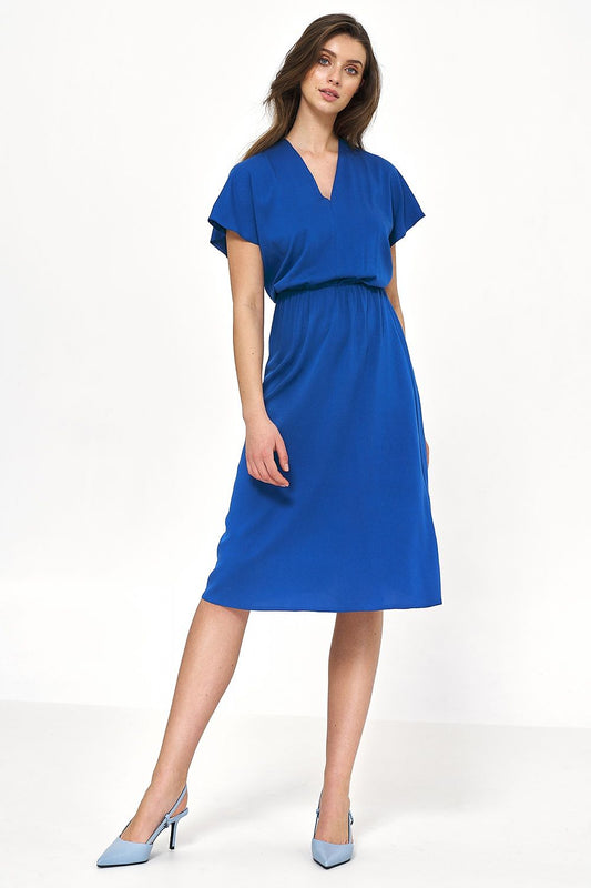 Stylish Nife viscose daydress in royal blue, showcasing a flattering waist cut and graceful silhouette for chic summer events.