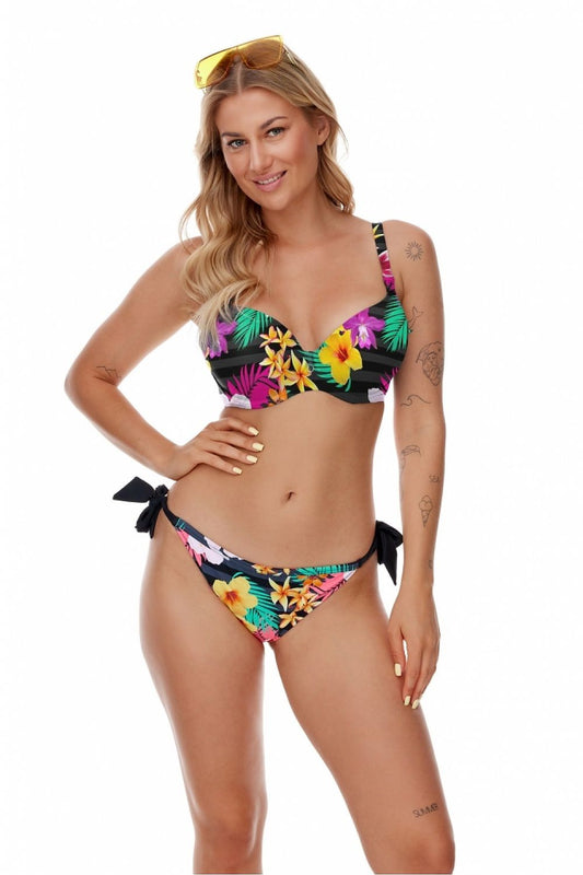 Front view of elegant Lupo Line classic bikini set with bold tropical floral design, showcasing luxurious style and comfort, ideal for summer vacations.
