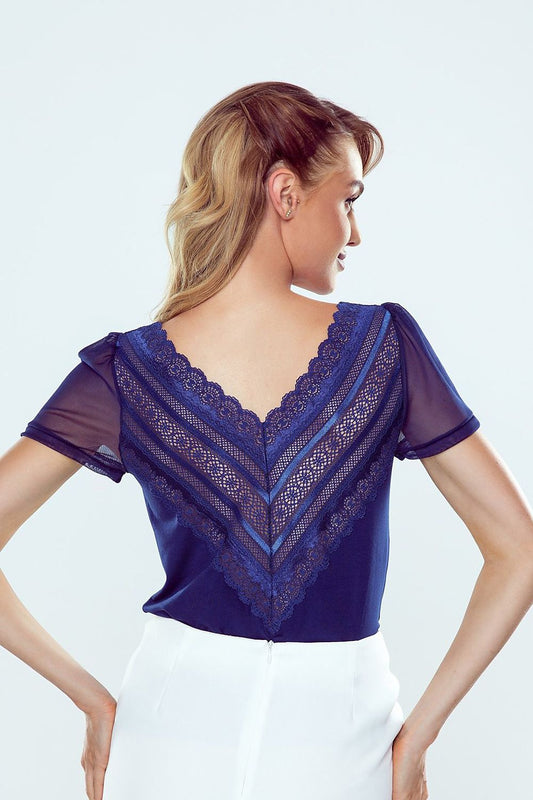 Sophisticated back view of the Eldar viscose blouse showcasing a transparent lace design and tulle sleeves, exuding luxury and elegance.