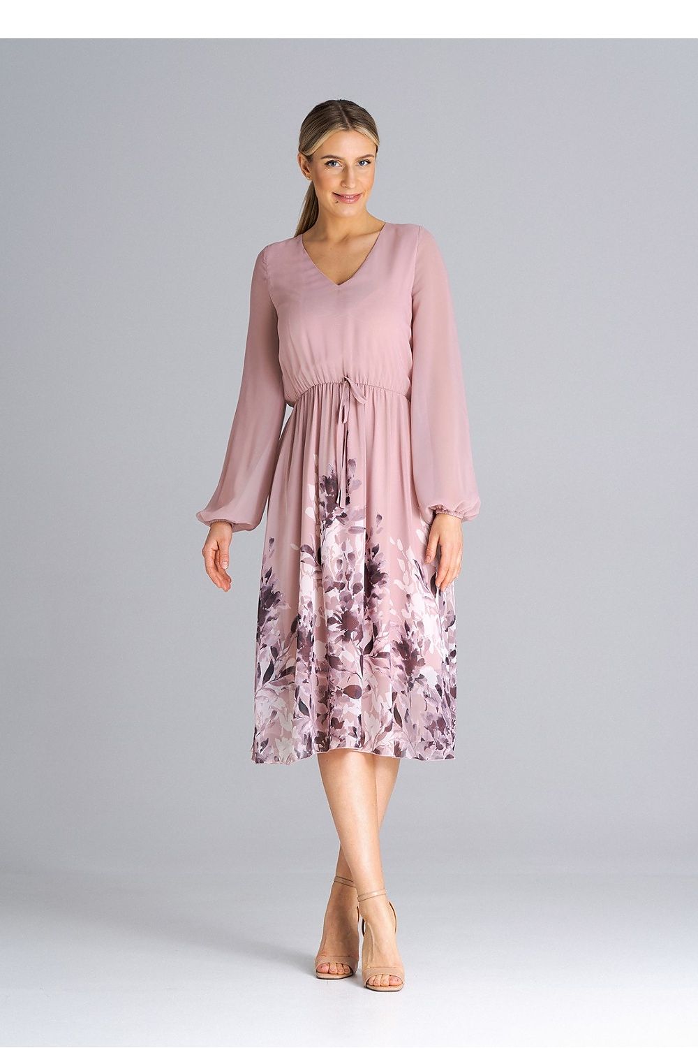 Elegant flared daydress by Figl with long sleeves, pleated waist, and cheeky neckline, perfect for everyday chic style.