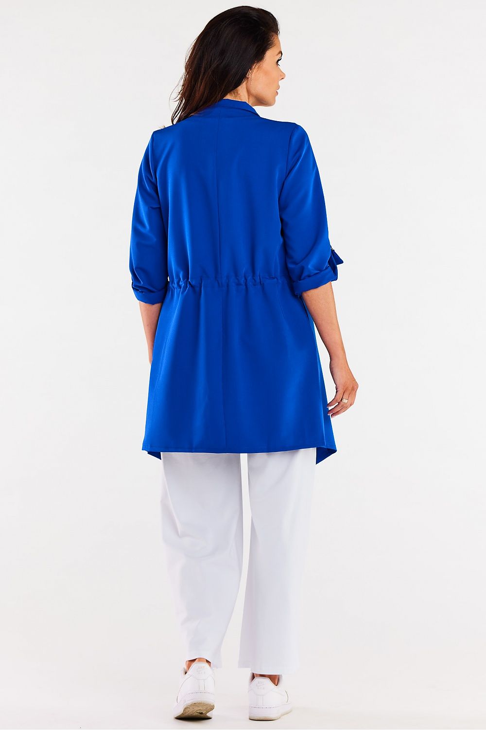 Luxurious Awama loose frock coat featuring decorative appliqued sleeves, crafted from high-quality polyester blend in Poland.