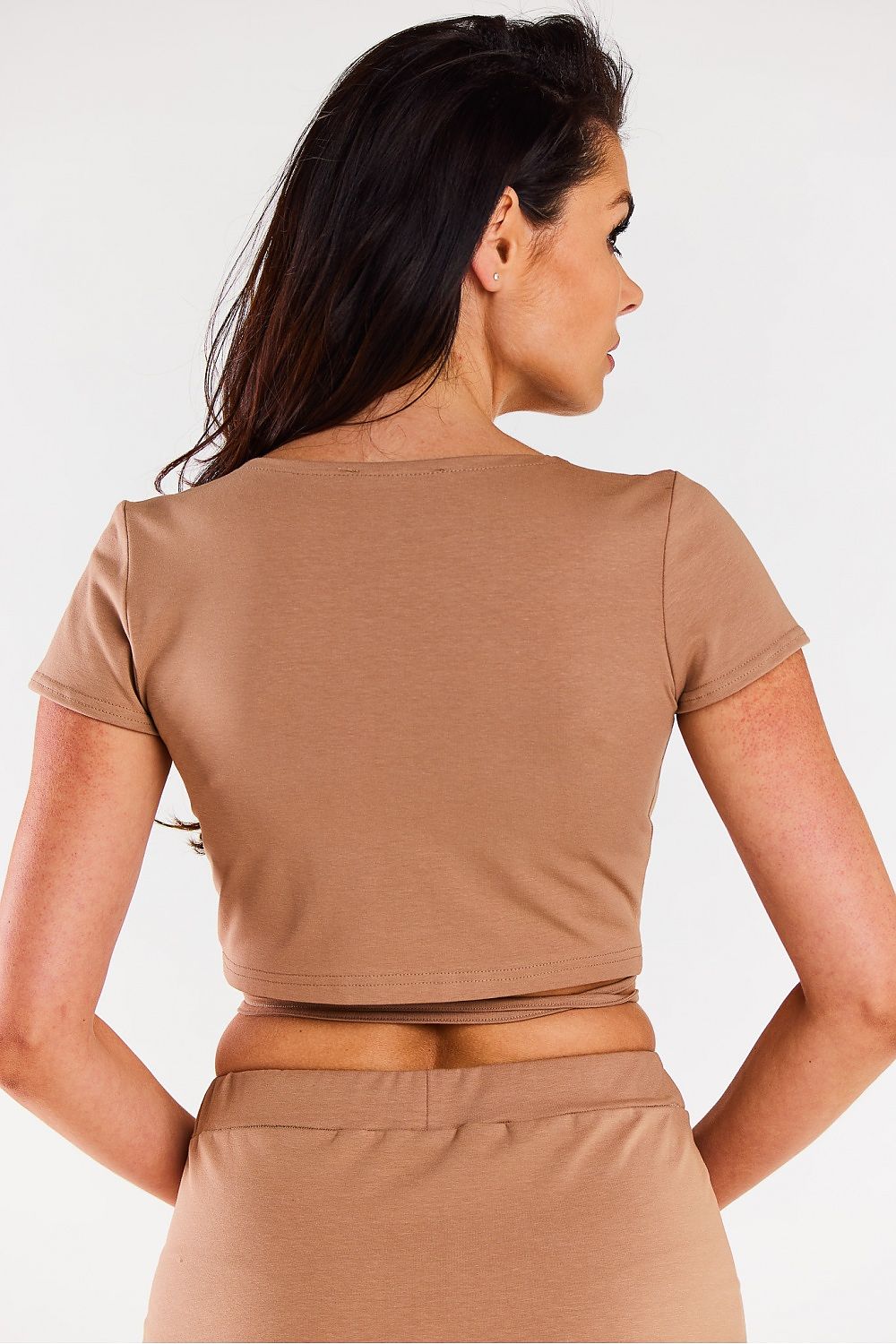 Close-up of luxury crop blouse detail with envelope neckline by Infinite You, made in Poland, perfect for high-end women's fashion.