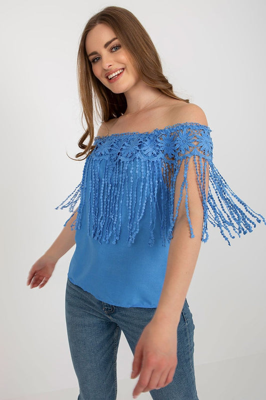 Elegant cotton blend summer blouse by AT showcasing a beautifully designed Spanish neckline and intricate tassel details.