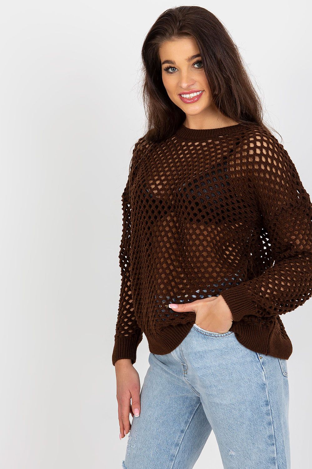 Elegant Badu summer sweater for women, showcasing an openwork design with long sleeves, made of luxurious 70% acrylic and 30% wool for comfort and style.