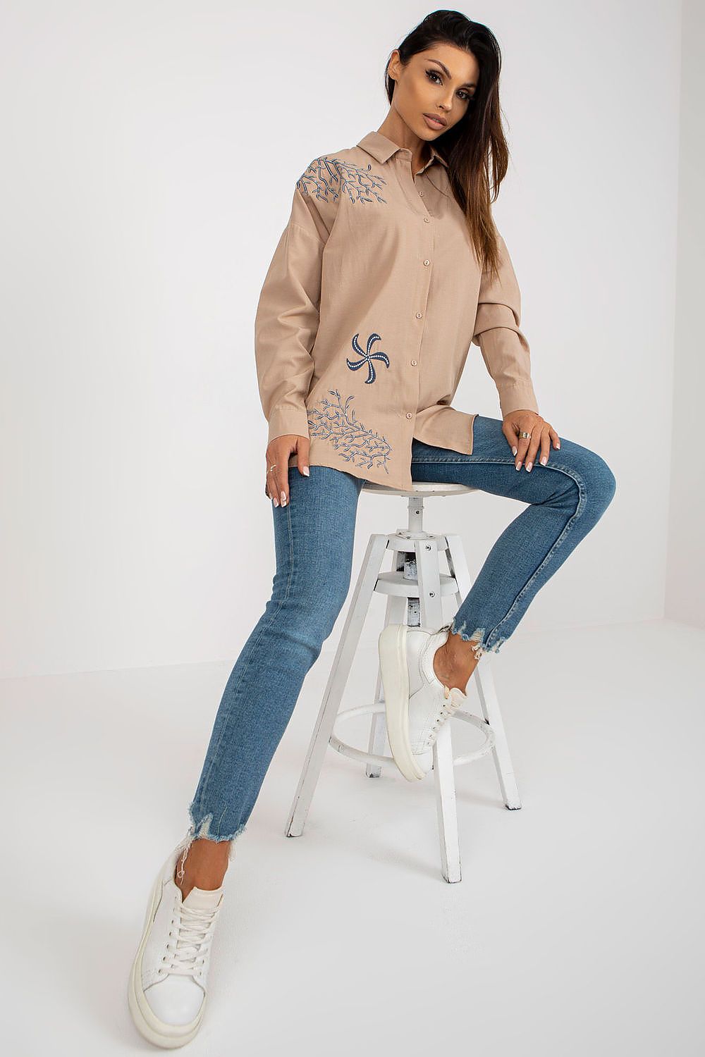 Luxury women's long sleeve buttoned shirt featuring unique embroidery, made from a soft cotton blend with 80% cotton and 20% polyester, by Factory Price.