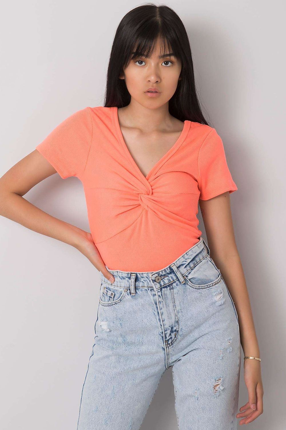 Stylish Calben short sleeve blouse with romantic heart neckline and decorative knot, made for comfort and sophistication with a plush ribbed texture.