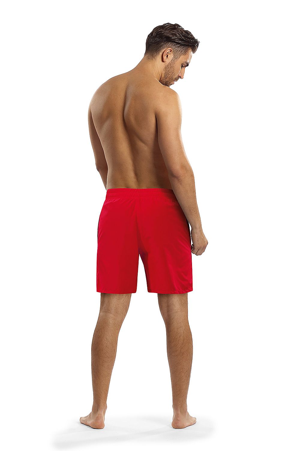 Back view of Lorin Luxury Men's Swimming Trunks in striking red, highlighting the elegant elastic waistband and tailored fit, perfect for any aquatic occasion, set against a clean white backdrop.