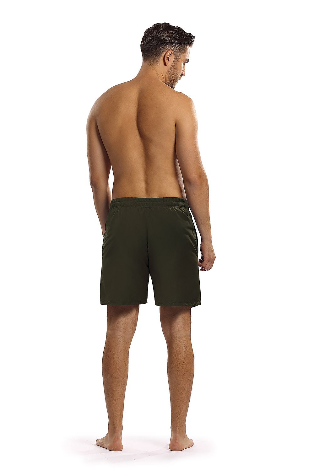 Luxury Lorin Swimming Trunks in a stylish olive green hue, featuring a comfortable elastic waist and adjustable tie, showcased from the back on a model with a toned physique, ideal for sophisticated beach and poolside moments.