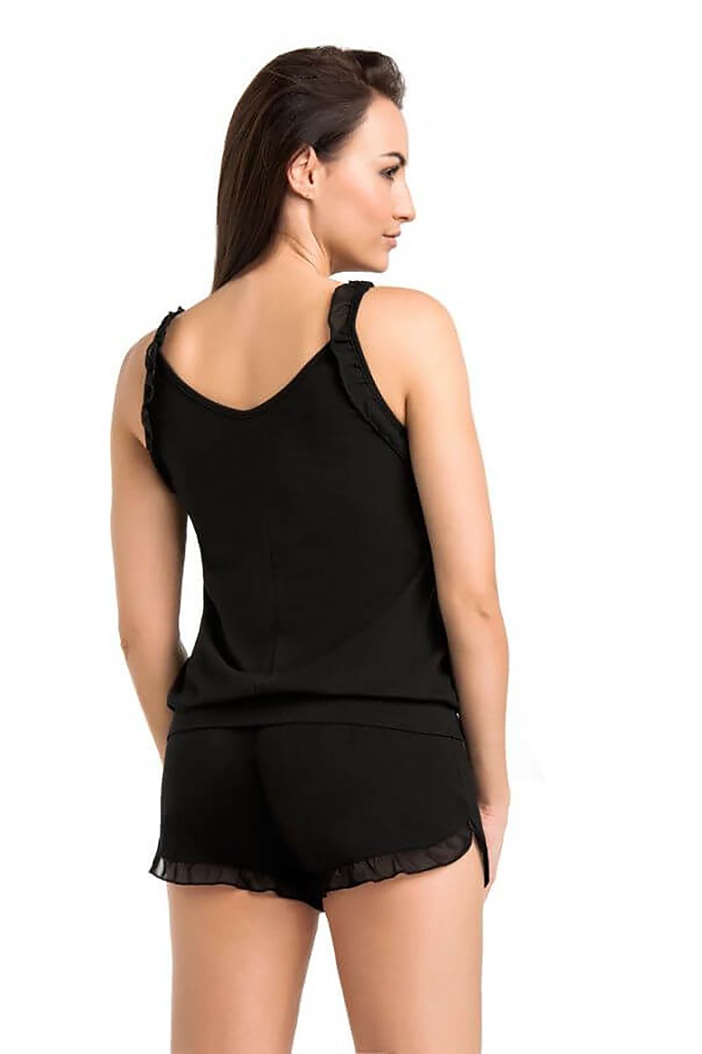 Stylish back view of a luxurious viscose pyjama set from Teyli in black, highlighting the exquisite frill trim, combining comfort and elegance for refined sleepwear.