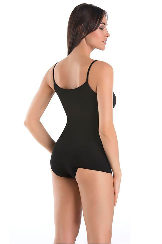 Back view of luxury women's bamboo fibre undershirt by Teyli, showcasing a flattering silhouette in black, designed for comfort and style.