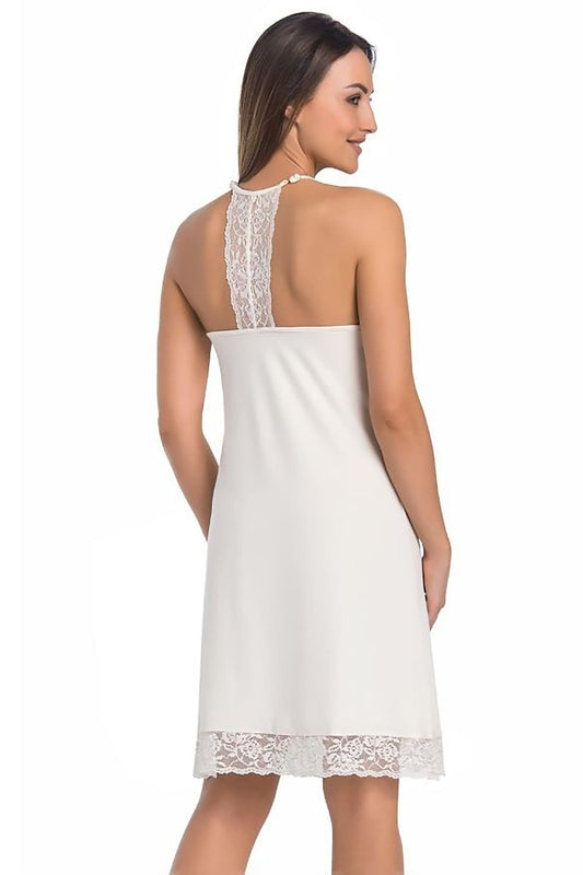 Sophisticated back view of Teyli's ecru viscose shirt, showcasing intricate lace detailing on the straps, embodying a perfect blend of elegance and comfort.