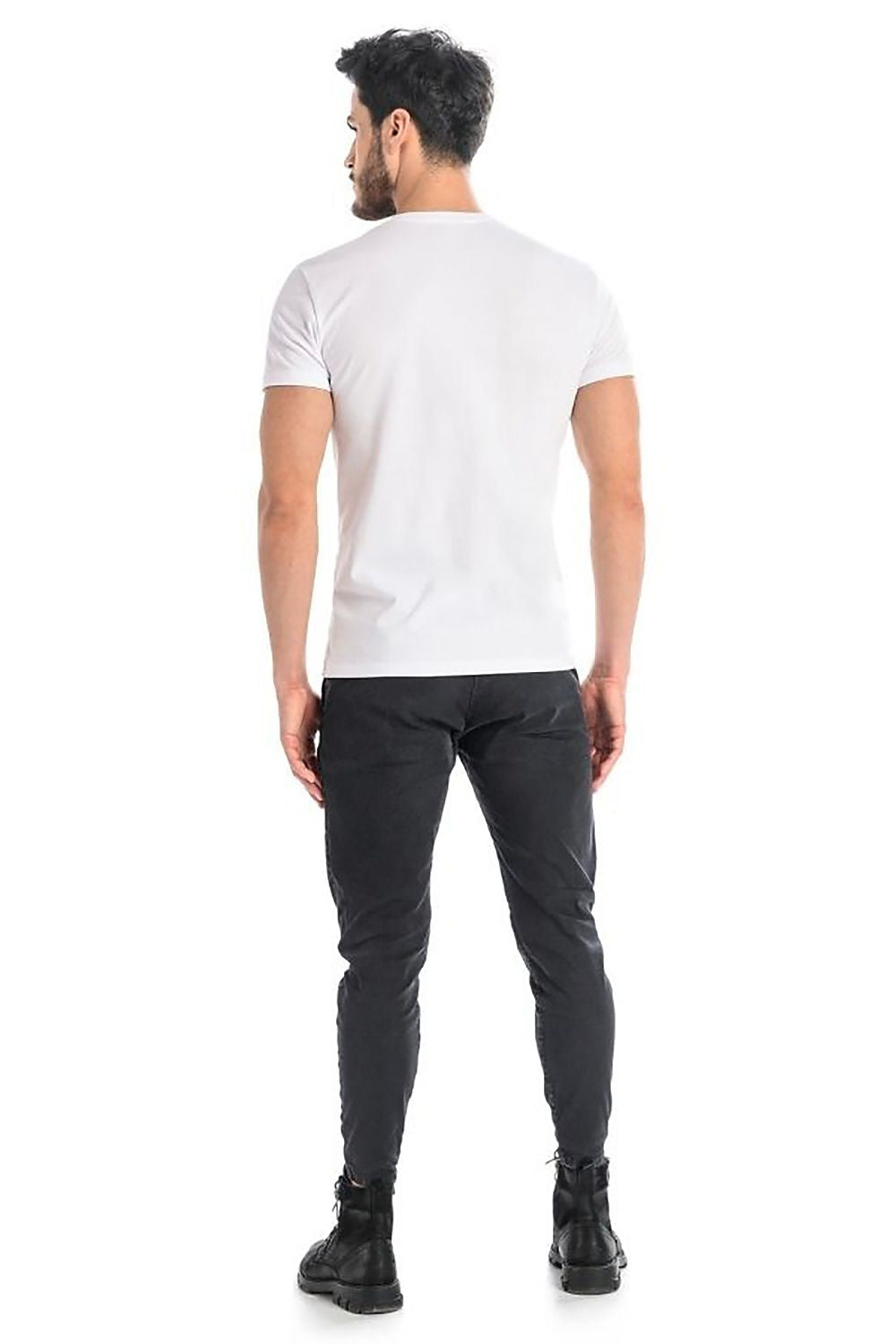 Men's light grey cotton t-shirt with Lycra by Teyli, featuring a classic V-neck fit and a stylish back view, perfect for upscale casual wear.