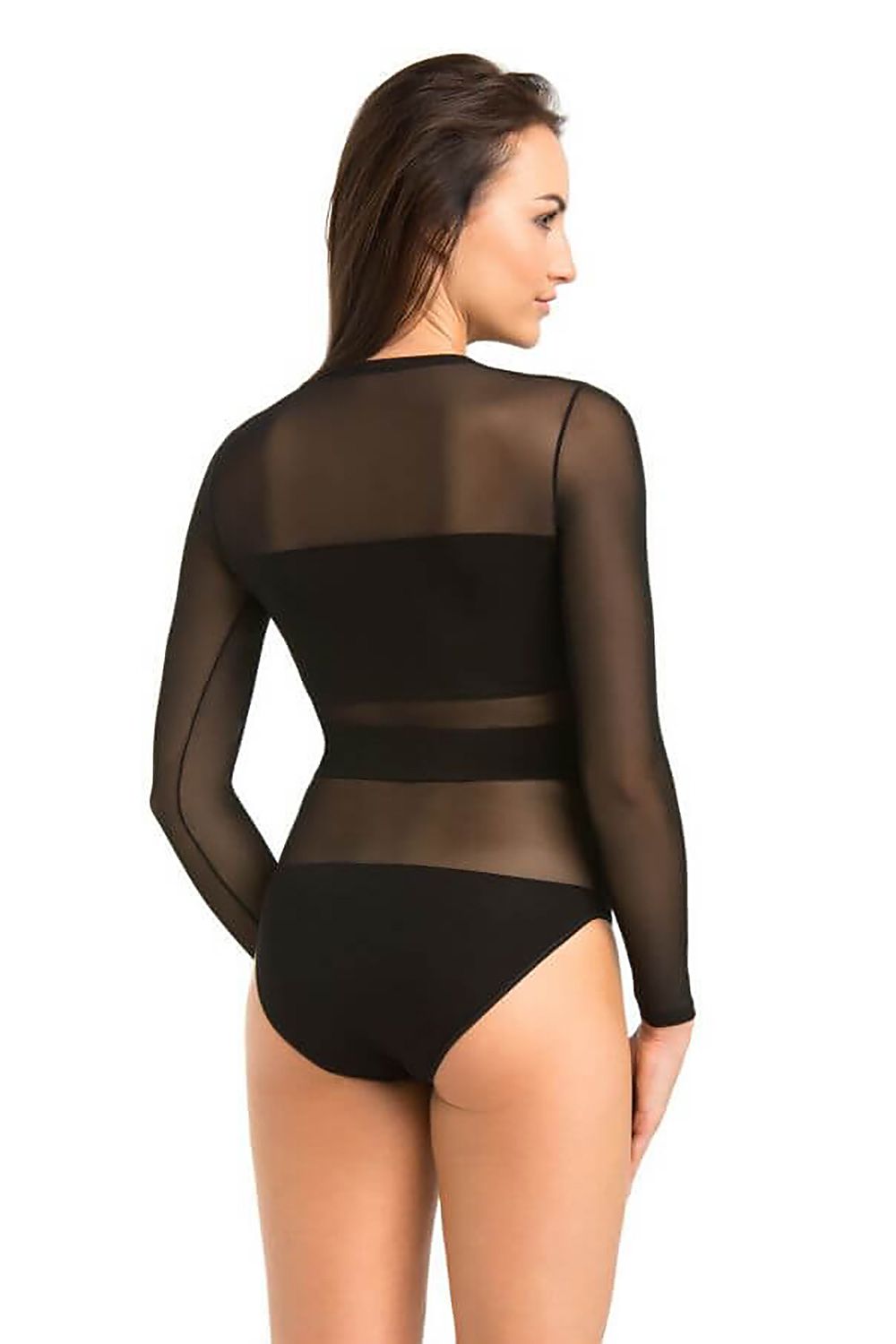 Back perspective of Teyli Luxe Mesh Bodysuit in black, showcasing its elegant mesh design that enhances the body's curves.