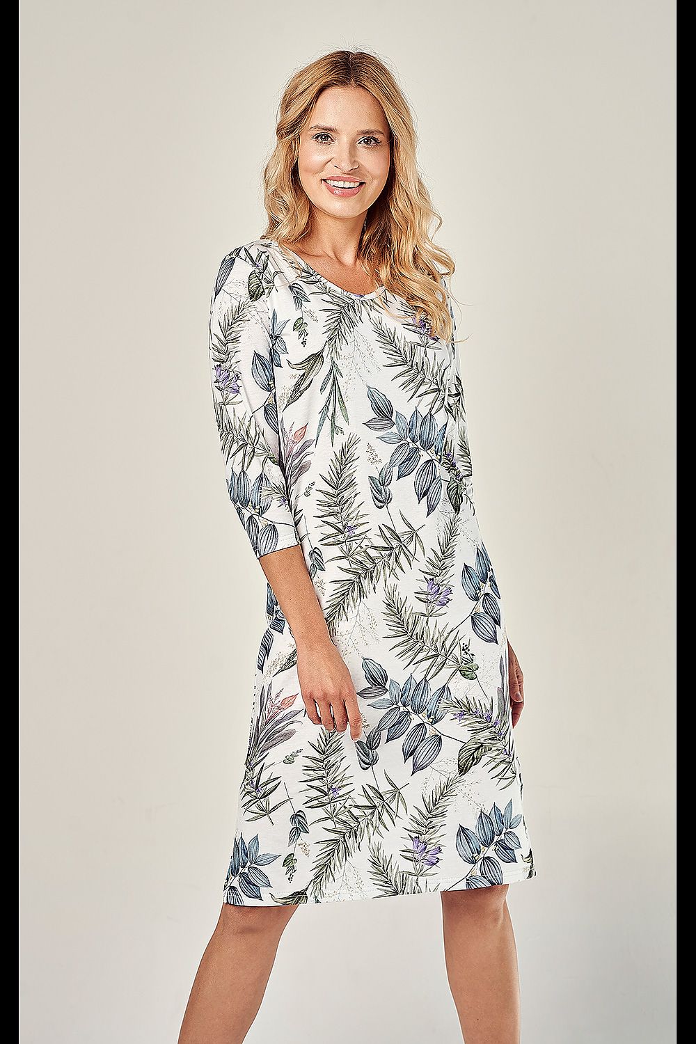 Luxurious women's cotton nightshirt by Taro featuring stylish 3/4 sleeves and a half-round neckline, ideal for comfortable nightwear.