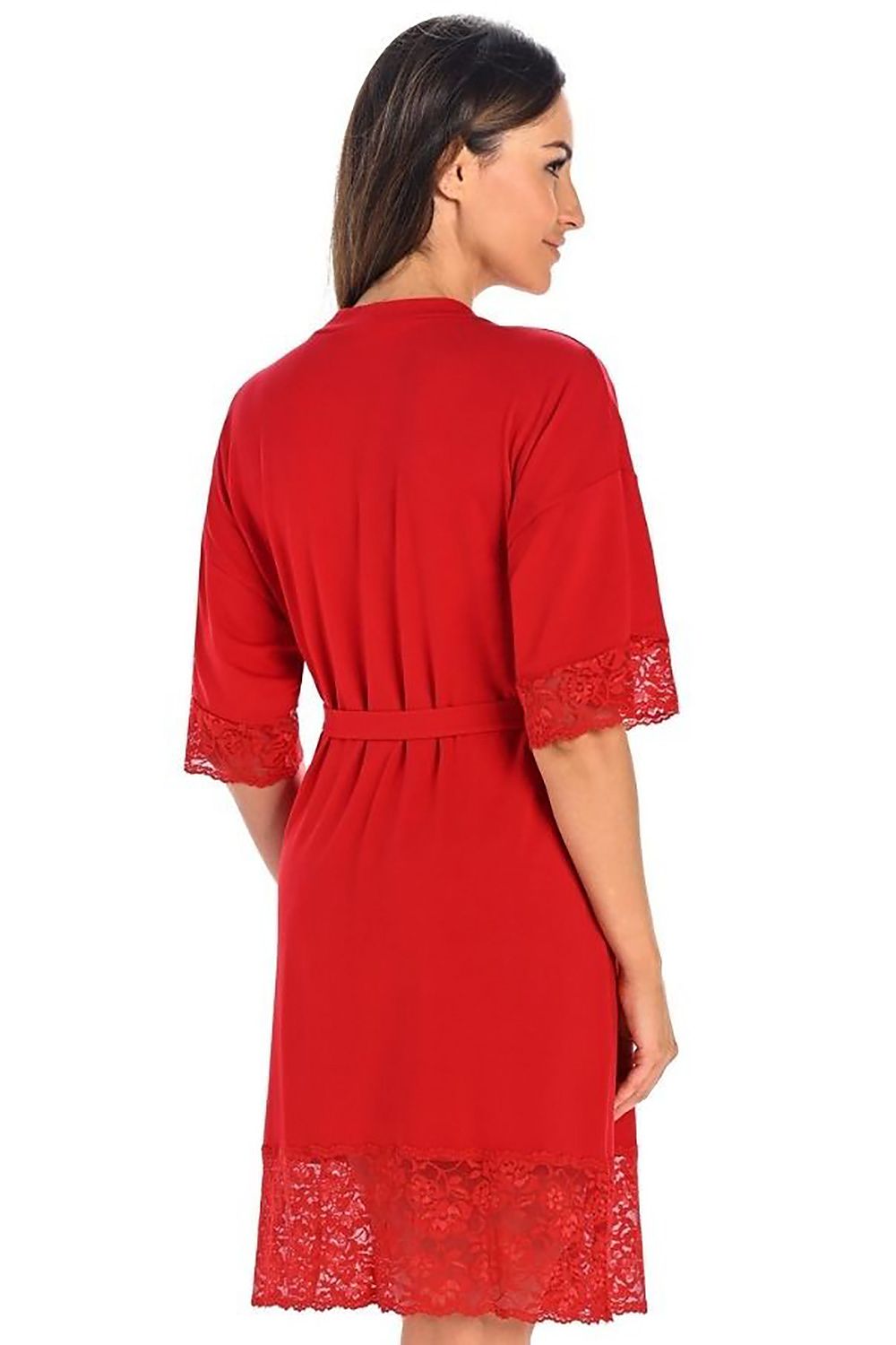 Sophisticated Teyli women's bathrobe in rich red colour, designed with airy viscose fabric and intricate lace accents for a feminine touch.