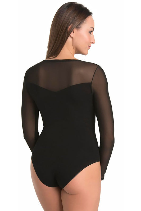 Elegant Teyli women's bodysuit in black with transparent mesh detail, designed to accentuate the silhouette, offering comfort and style for modern women.