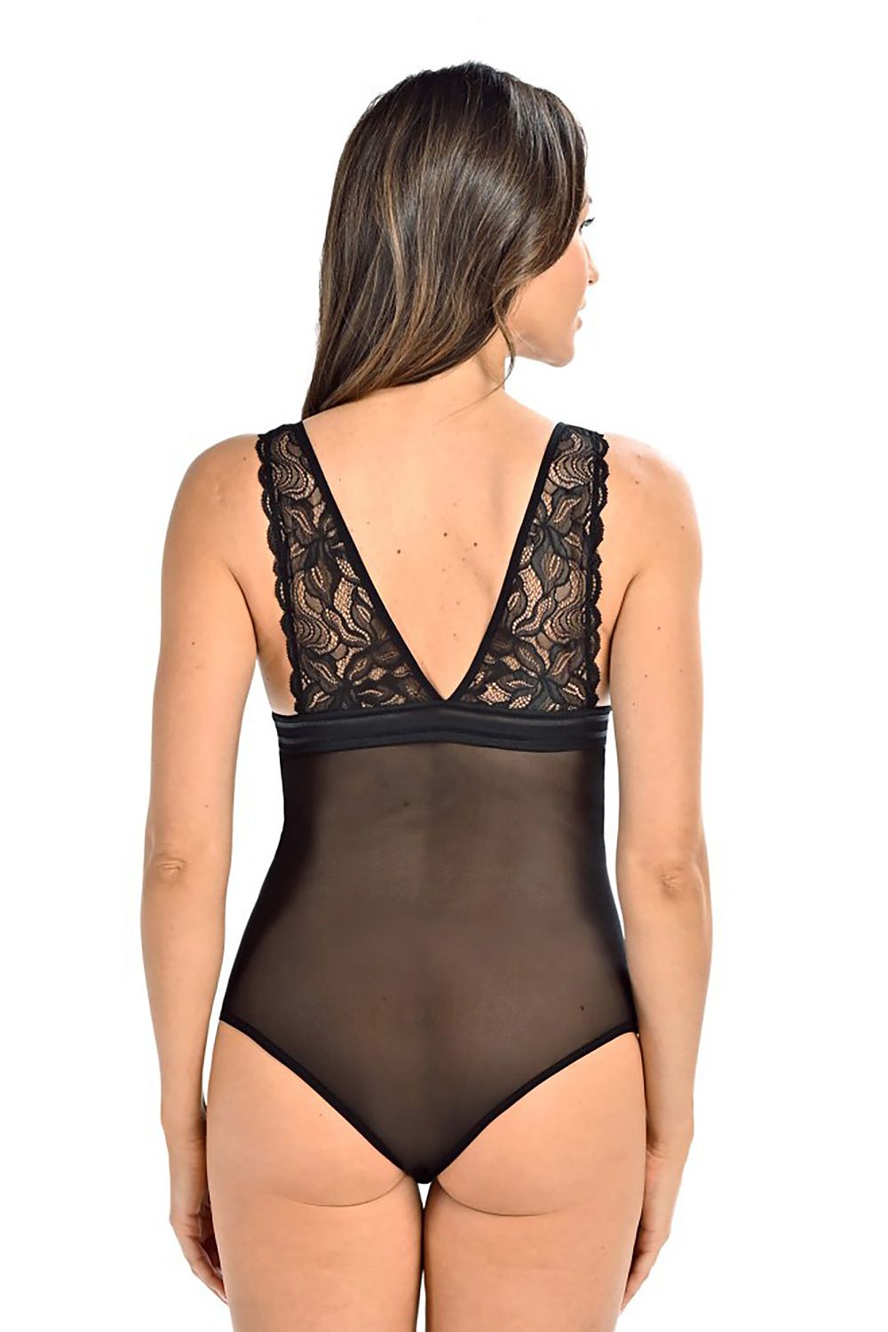 Luxurious sensual lace bodysuit by Teyli featuring adjustable hooks, floral motif, and see-through mesh for an elegant, feminine silhouette. Perfect fit for every woman.