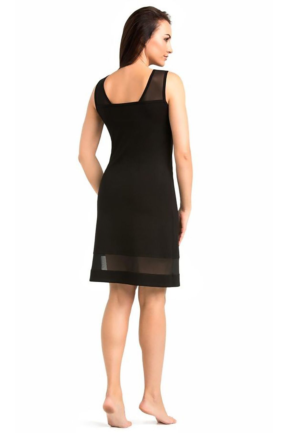 Stylish finishing details of Teyli's gray nightshirt, featuring mesh trim and delicate viscose fabric.