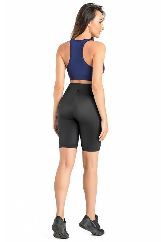 Close-up view of Teyli Women's High-Waist Black Knee-Length Leggings, highlighting high-quality elastic fabric and flattering fit for an active and sophisticated look.