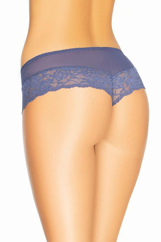 Detail view of Teyli's elegant navy blue Brazilian panties with floral lace embellishments, showcasing their exquisite craftsmanship and comfortable fit.