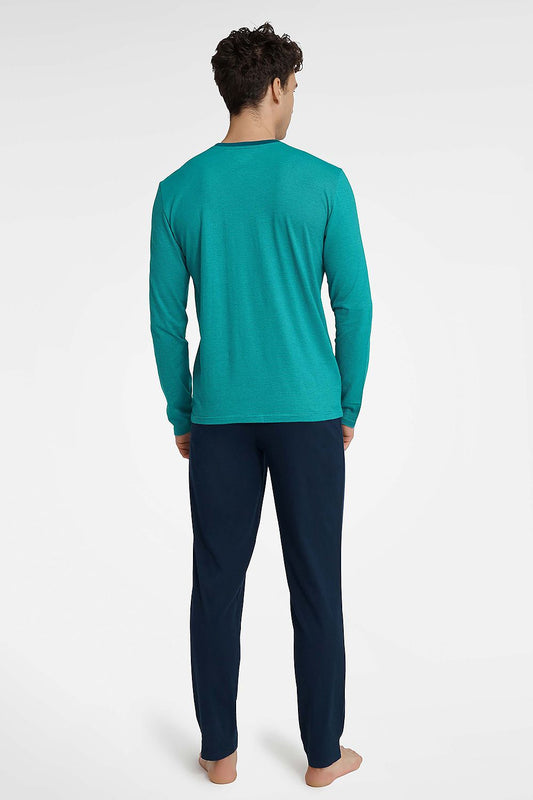 Men's Luxury Cotton Pajamas Set by Henderson featuring a long sleeve V-neck T-shirt and elastic waist pants, ideal for comfort and style.