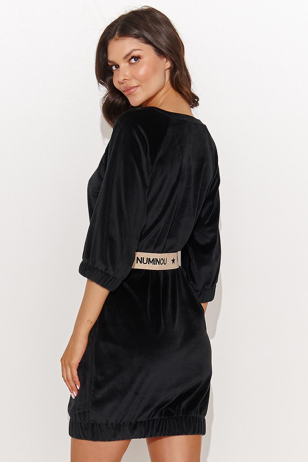 Elegant Mini Dress with Belt by Numinou, featuring velour knit fabric, 3/4 sleeves, and round neckline design, perfect for romantic dinners and special occasions.