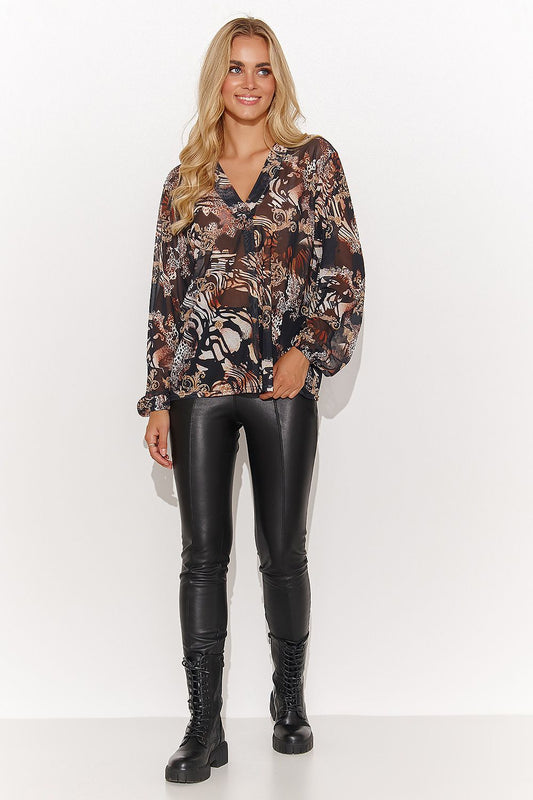 Stylish Makadamia women's polyester blouse in a beautiful mesh design with long sleeves, showcasing vibrant patterns and a chic heart neckline.