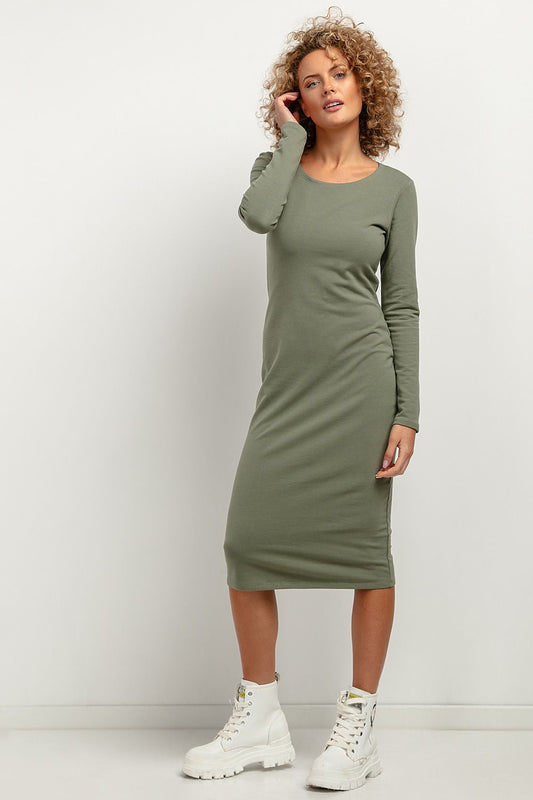 Detailed view of the Tessita soft knit midi dress showcasing its elegant design and subtle hems, ideal for luxury styling.