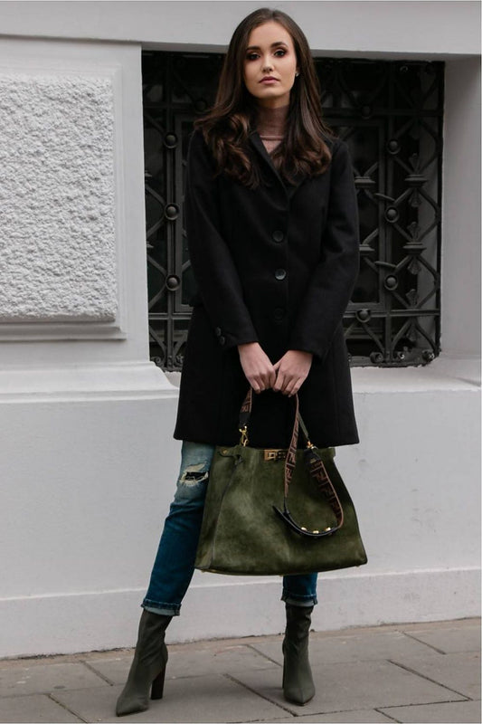 Detail of Roco Fashion Women's Tailored Single-Breasted Coat, highlighting the polished buttons on sleeves and sophisticated fabric blend.