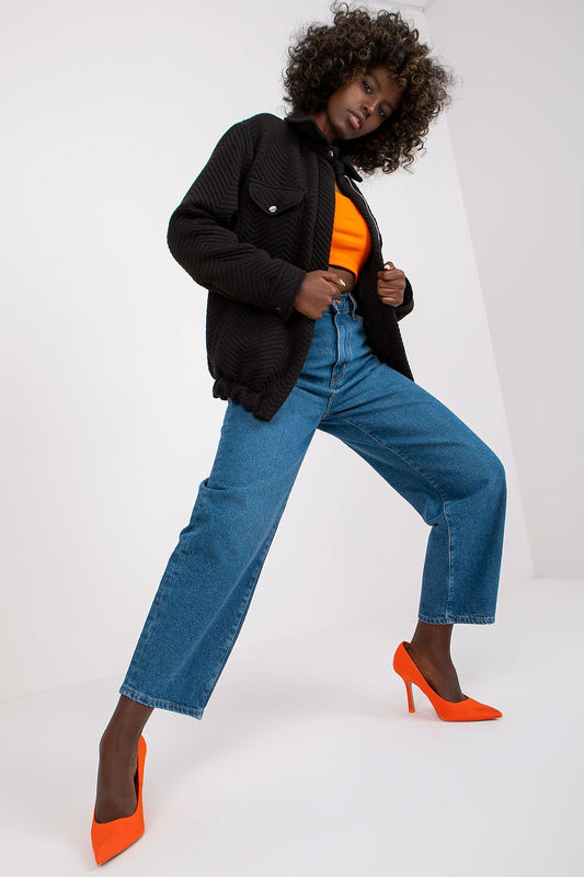 Elegant black quilted transitional jacket by Rue Paris, crafted from soft 100% polyester, perfect for stylish casual wear.