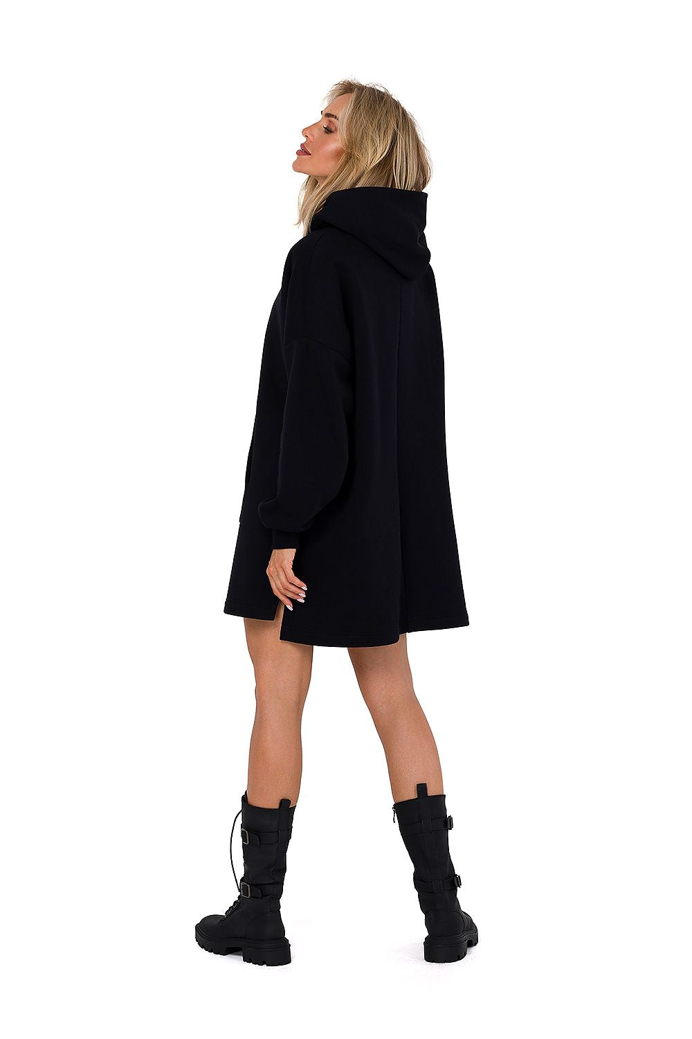 Luxurious Moe Women's Knit Daydress with a stylish hood, showcasing a contemporary design with long sleeves, kangaroo pocket, and elegant side slits, crafted for the discerning fashionista.