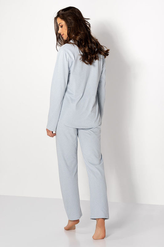 Momenti Per Me Luxury Women's Cotton Pyjamas, featuring long pants with an elastic waistband, stylish collar, and button fastening.