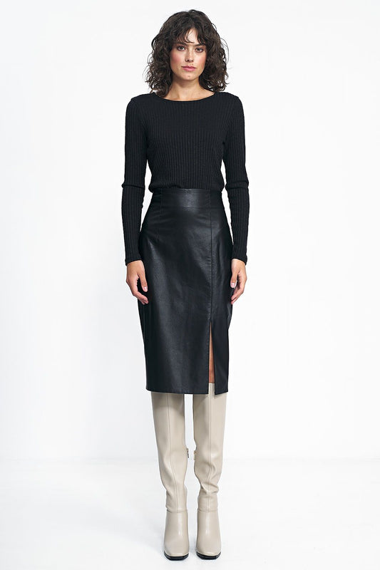 The refined Nife Midi Pencil Skirt with a fitted silhouette, featuring a chic side slit, exemplifying high-quality fashion for modern elegance.