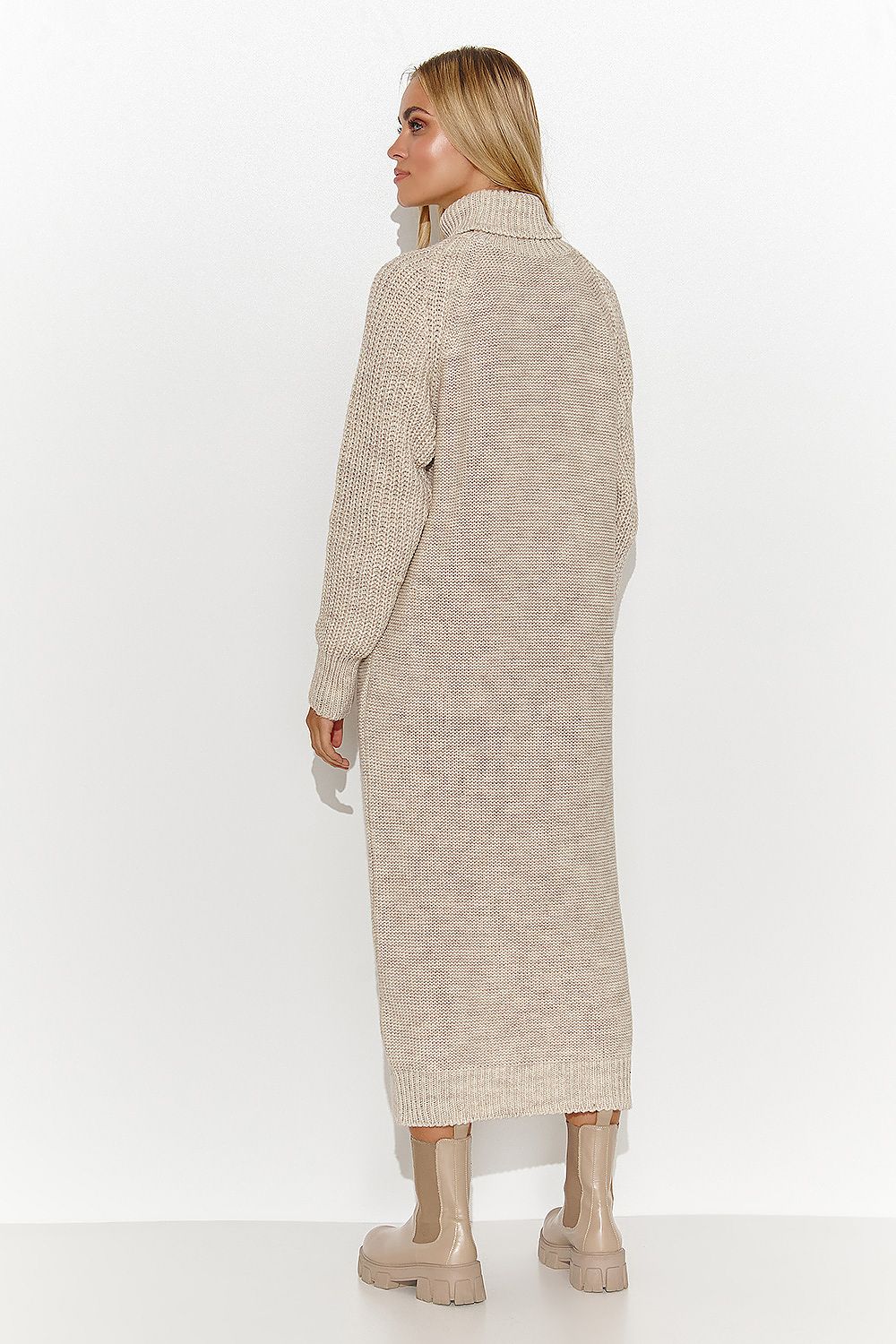 Elegant knee-length Daydress by Makadamia, showcasing a striking plaid weave at the front, crafted for comfort with a turtleneck and long sleeves, available in cappuccino, beige, cream, black and chocolate shades.