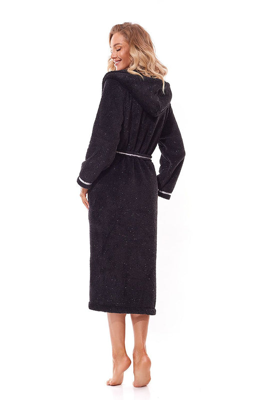 Luxurious L&L collection bathrobe featuring a hood, long sleeves, and practical pockets, crafted from shiny knit fabric for an elegant homewear experience.