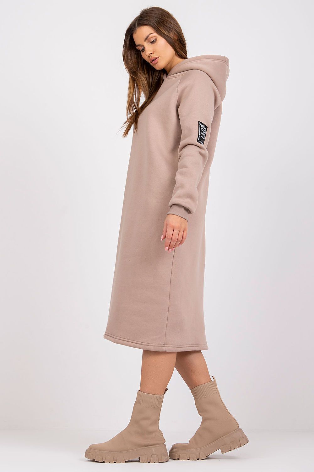 Rue Paris Elegant Midi Daydress presented elegantly, featuring a fashionable sleeve patch and sleek design for versatile styling.