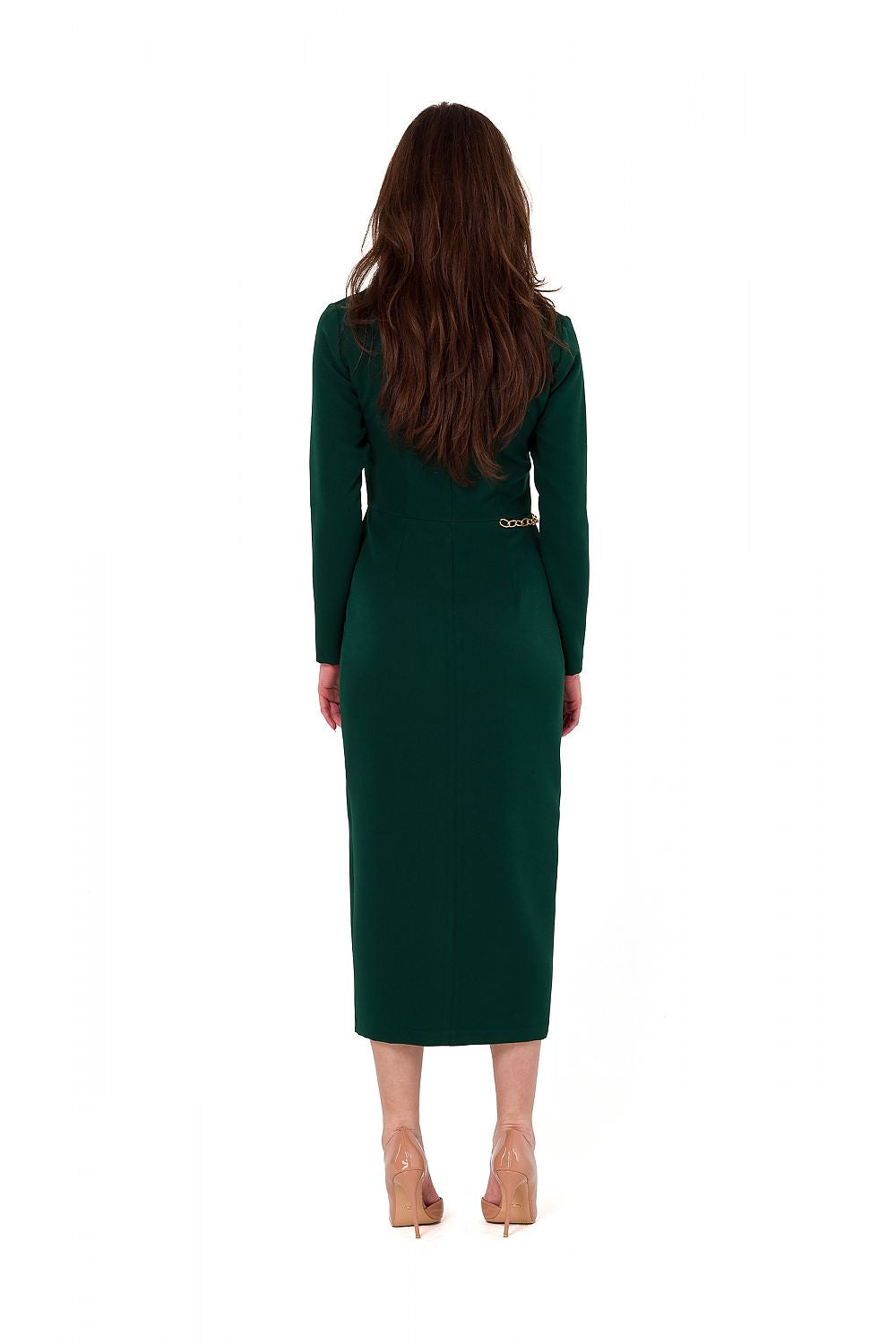 The stylish midi length and asymmetrical cut of the Makover evening dress, a statement piece for any formal occasion.